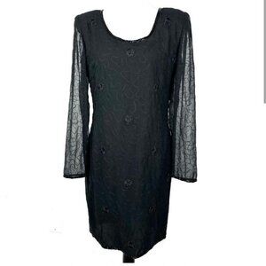 EUC Vintage Beaded Drama Black Beaded Long Sleeve Dress size Medium